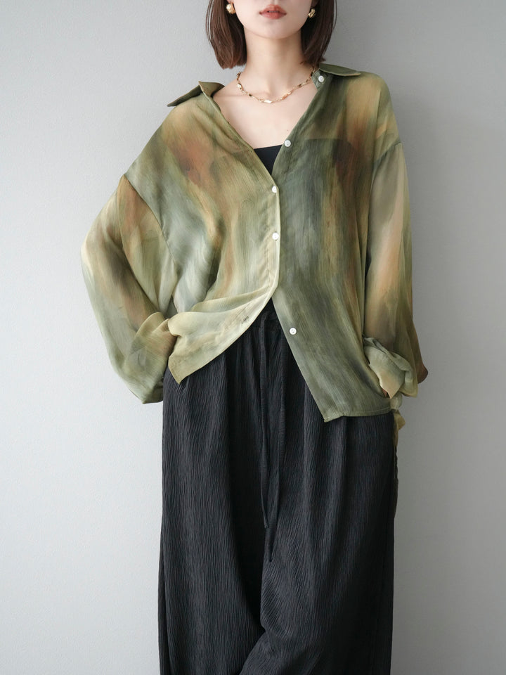 [予約]ニュアンス柄シアーシャツ/グリーン