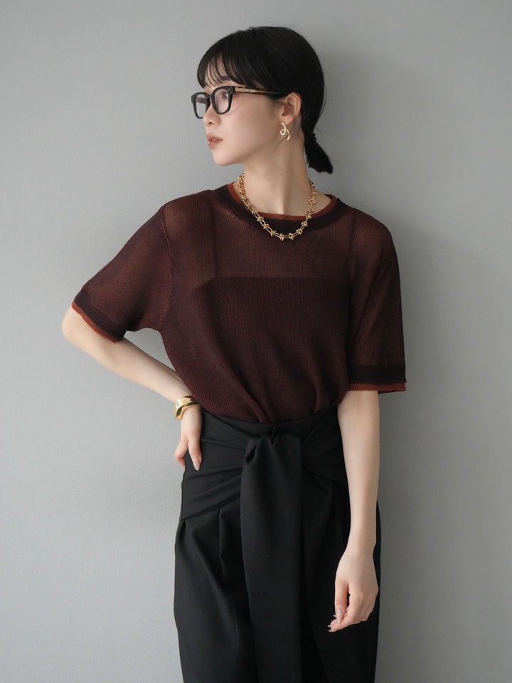 [SET]リネンタッチ配色二重臼ハーフニットトップス+ウエスト巻きデザインワイドパンツ(2set)