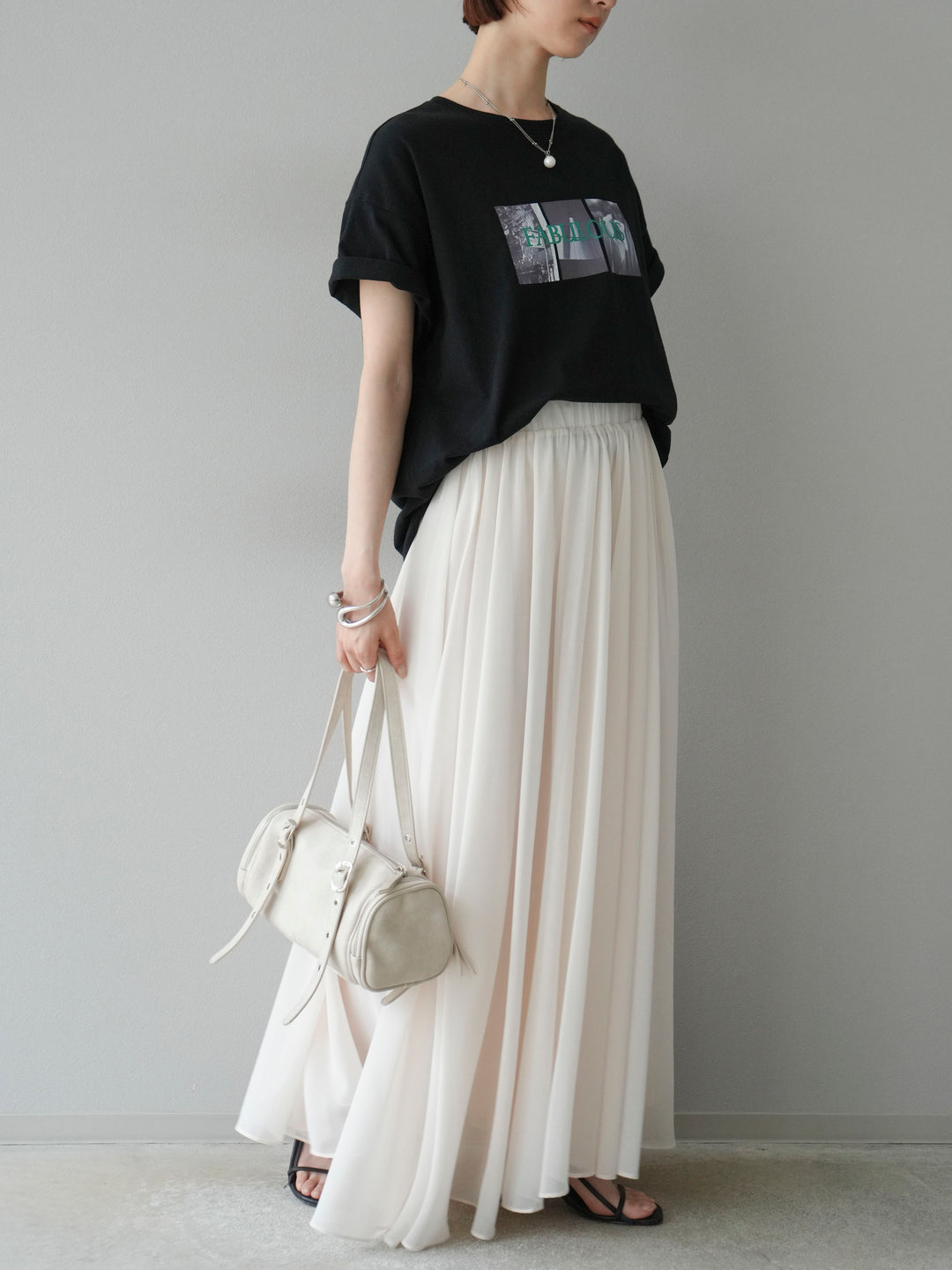 [SET]ネオンロゴコラージュフォトプリントオーバーTシャツ+シフォンフレアスカート(2set)