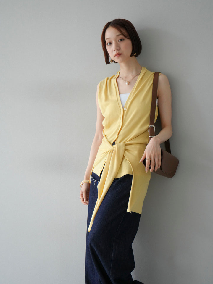 [SET]腰巻きデザインノースリーブニットカーディガン+ヒップデザインデニムパンツ(2set)