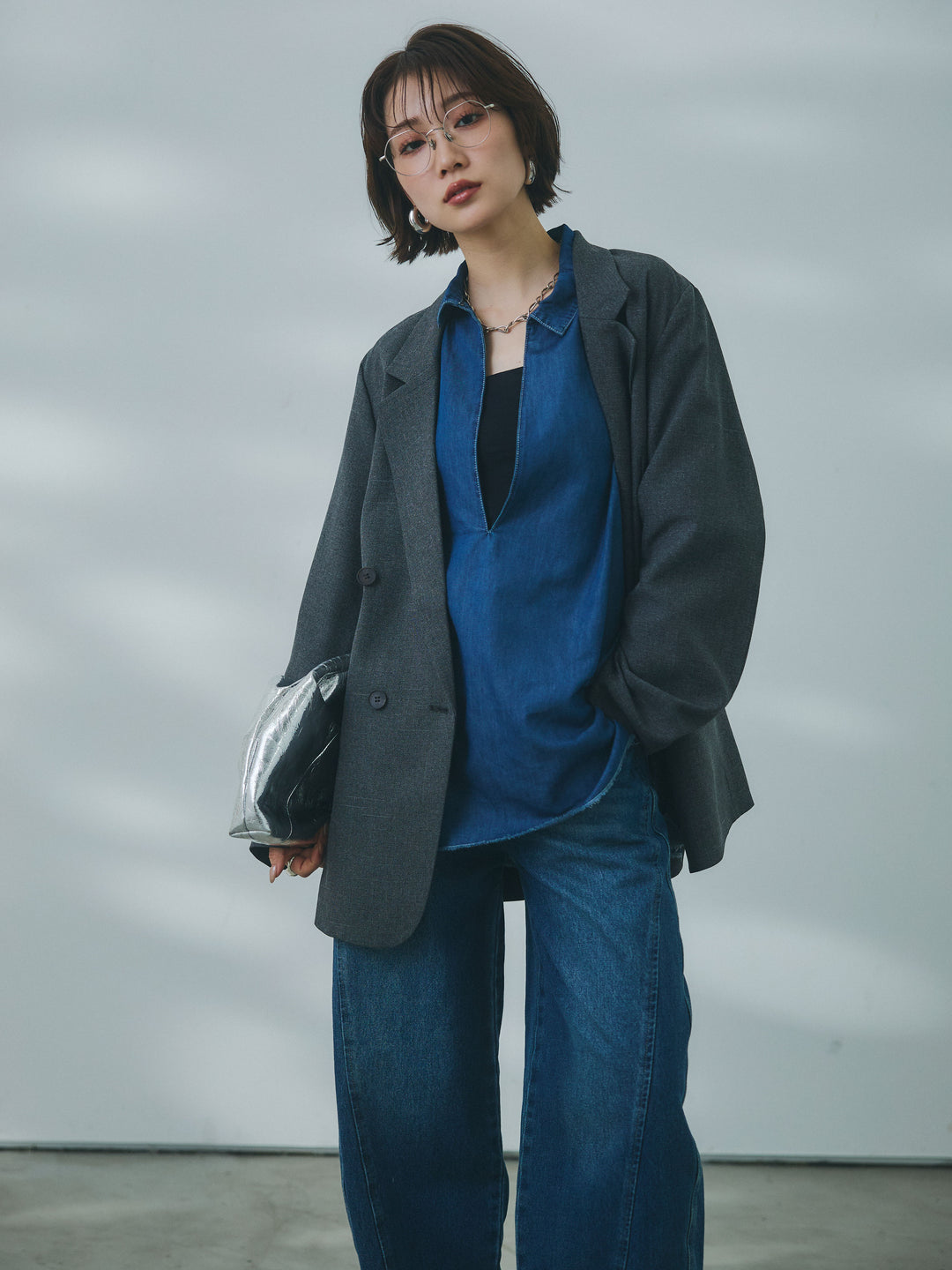 【Allure】[SET]杢調ライトテーラードジャケット+コットンライクスキッパーシャツ+ウエストフリンジカットオフカーブデニムパンツ(3set)