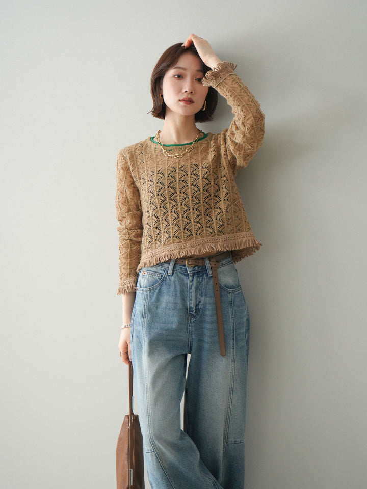 [予約]扇透かし編みクロップドニットプルオーバー/beige