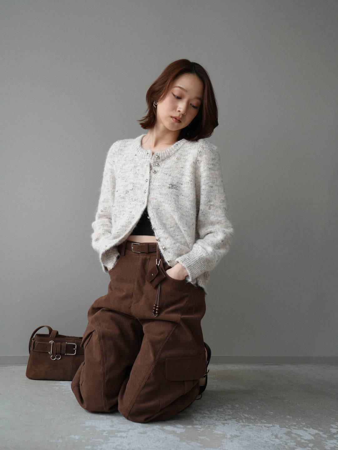 [予約]ブローチ付silverボタンミックスニットカーディガン/beige