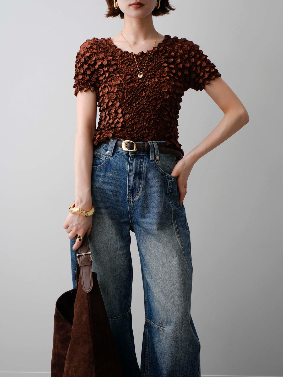 [予約]ドットスモッキングフレンチトップス/brown
