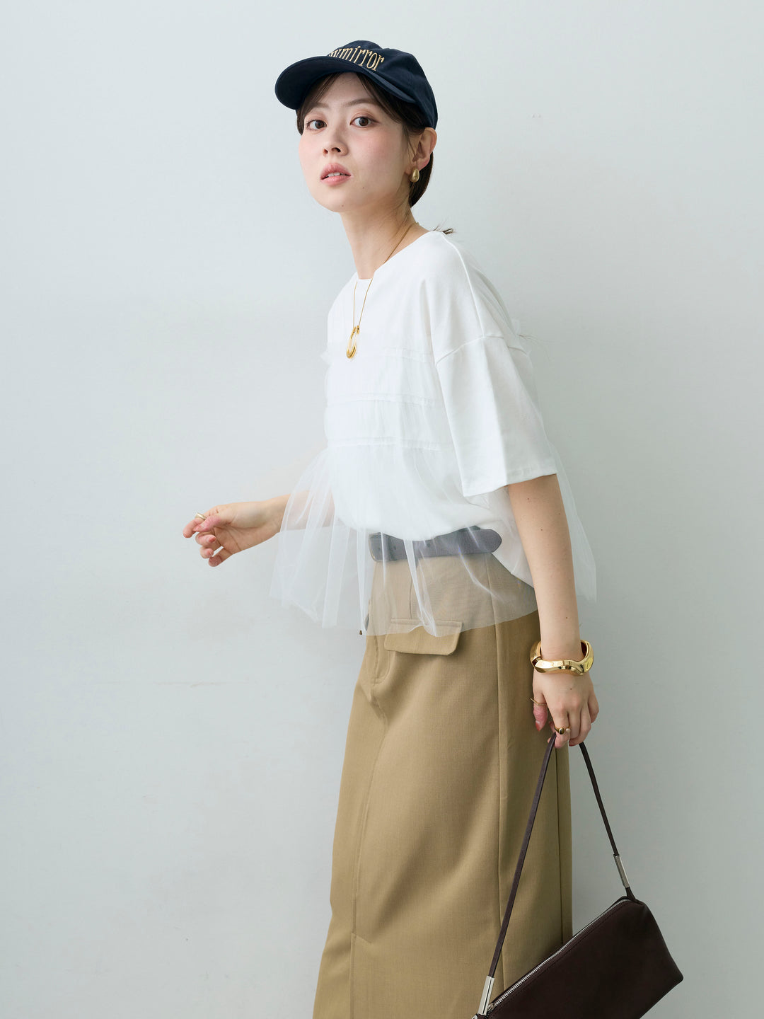 [SET]ギャザーチュールドッキングTEE+クレープデシンフラップ付きストレートスカート(2set)