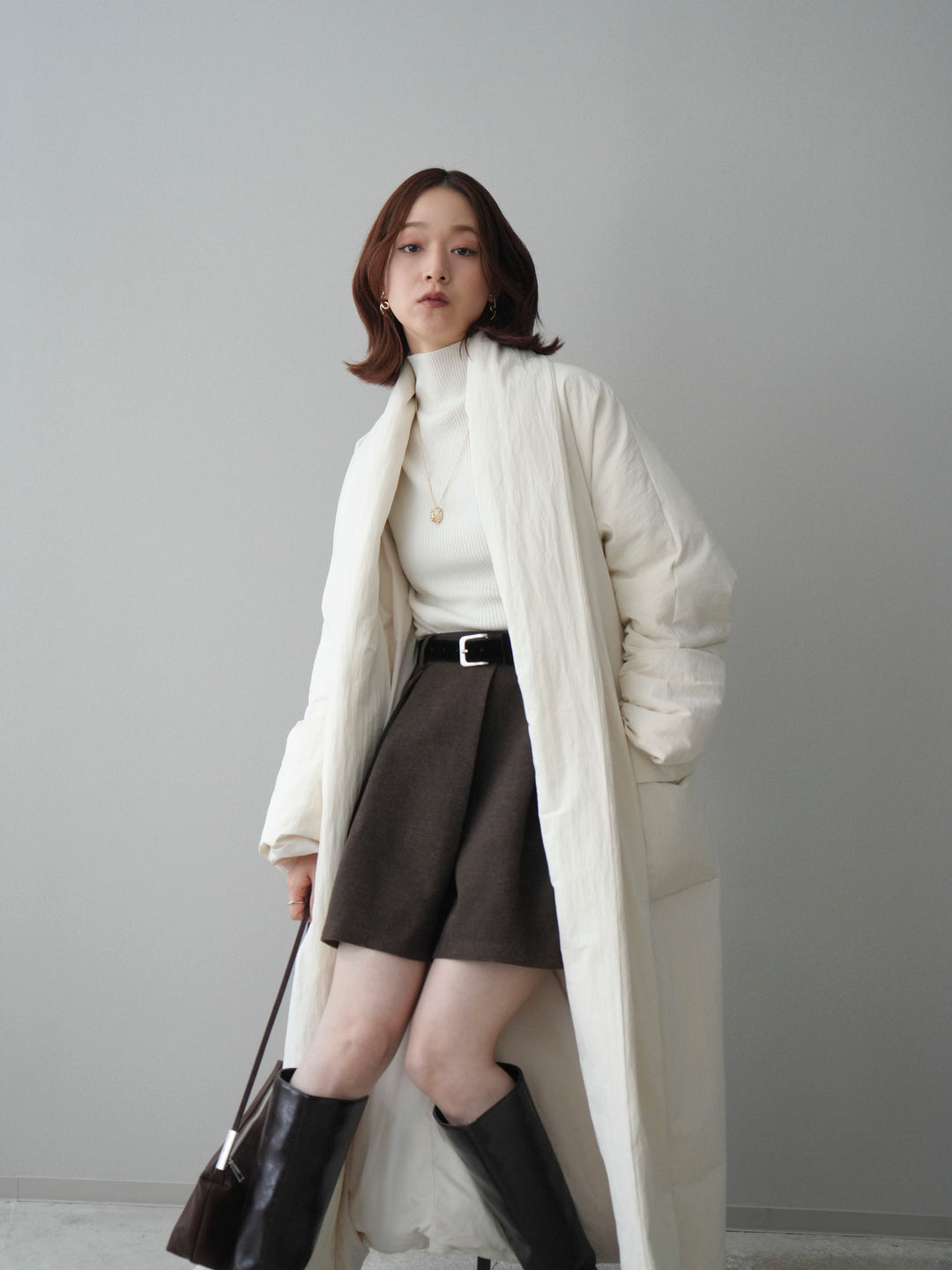 [SET]ロングダウンコート+ベルト付きタックミニスカート(2set)