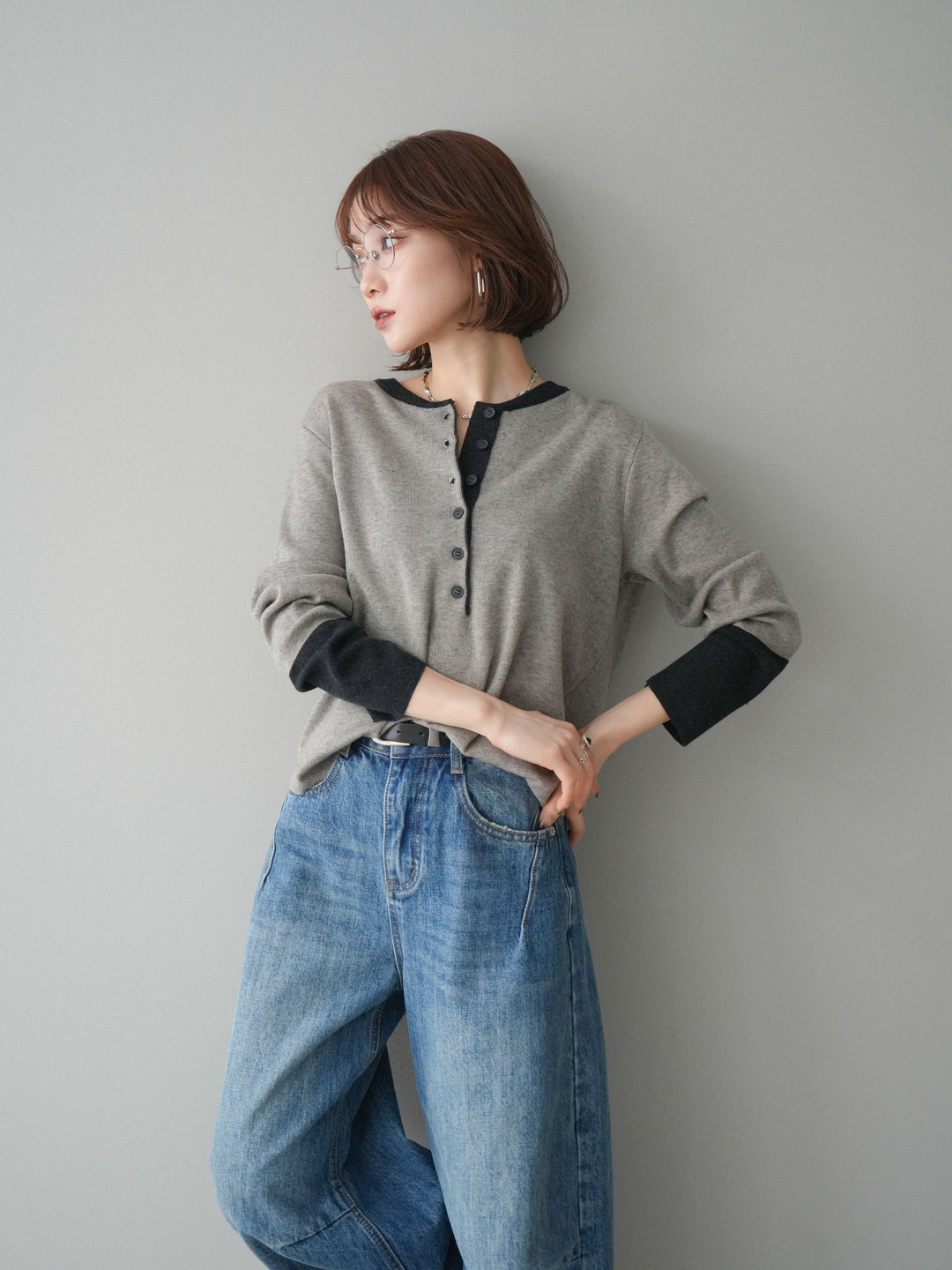 [SET]ヘンリーネック配色ニットソー+ヘンリーネック配色ニットソー(2set)