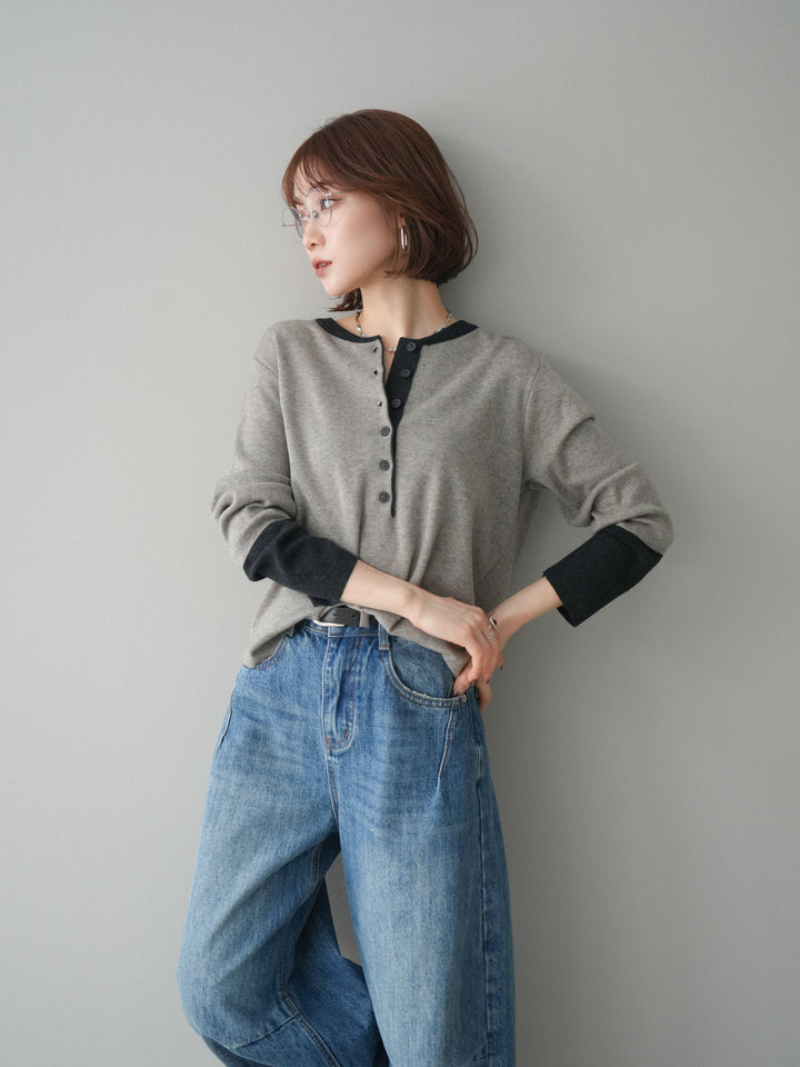 [SET]ヘンリーネック配色ニットソー+ヘンリーネック配色ニットソー(2set)