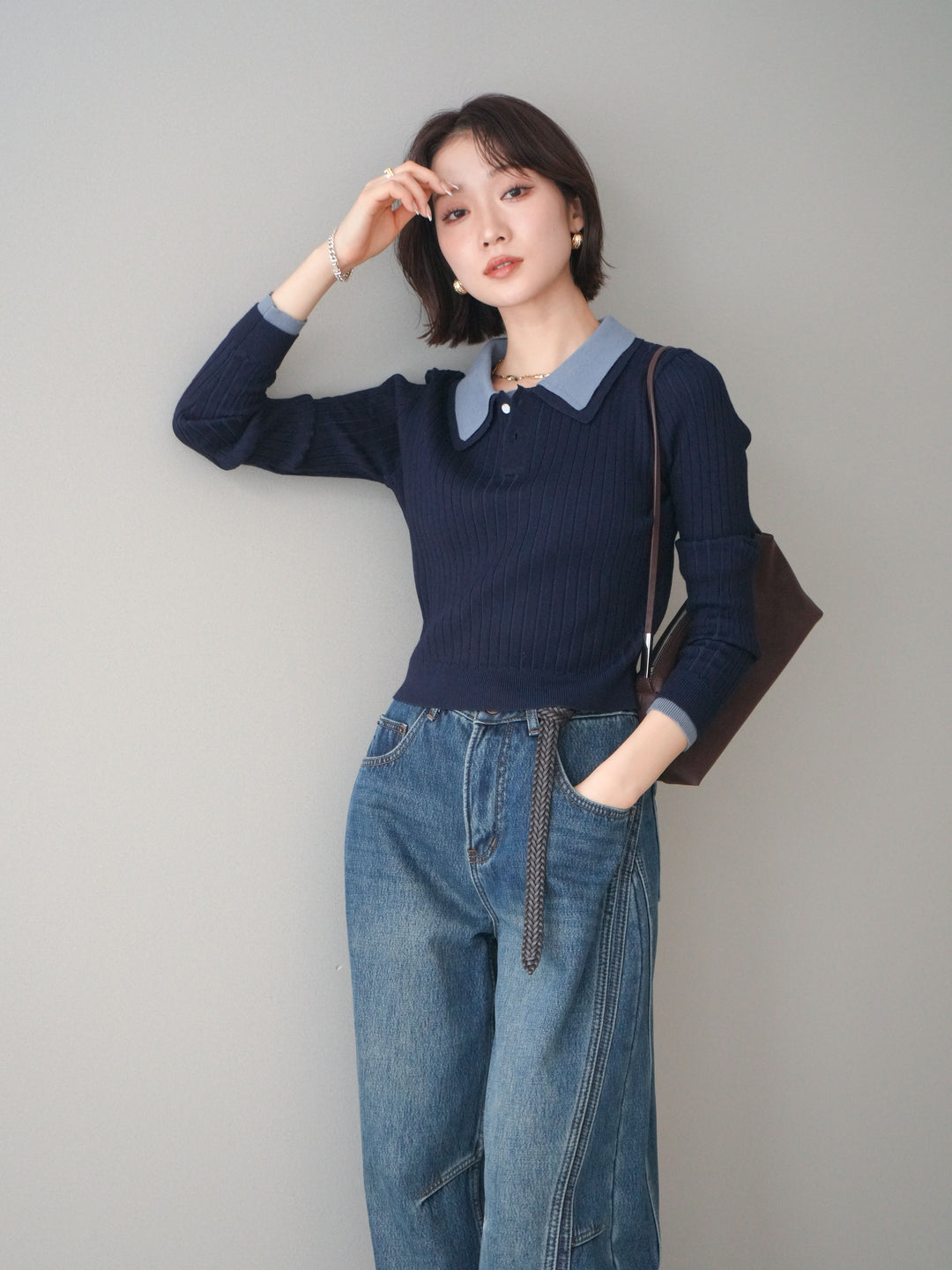 [SET]ダブル襟ポロリブニットトップス+選べるアクセセット(2set)