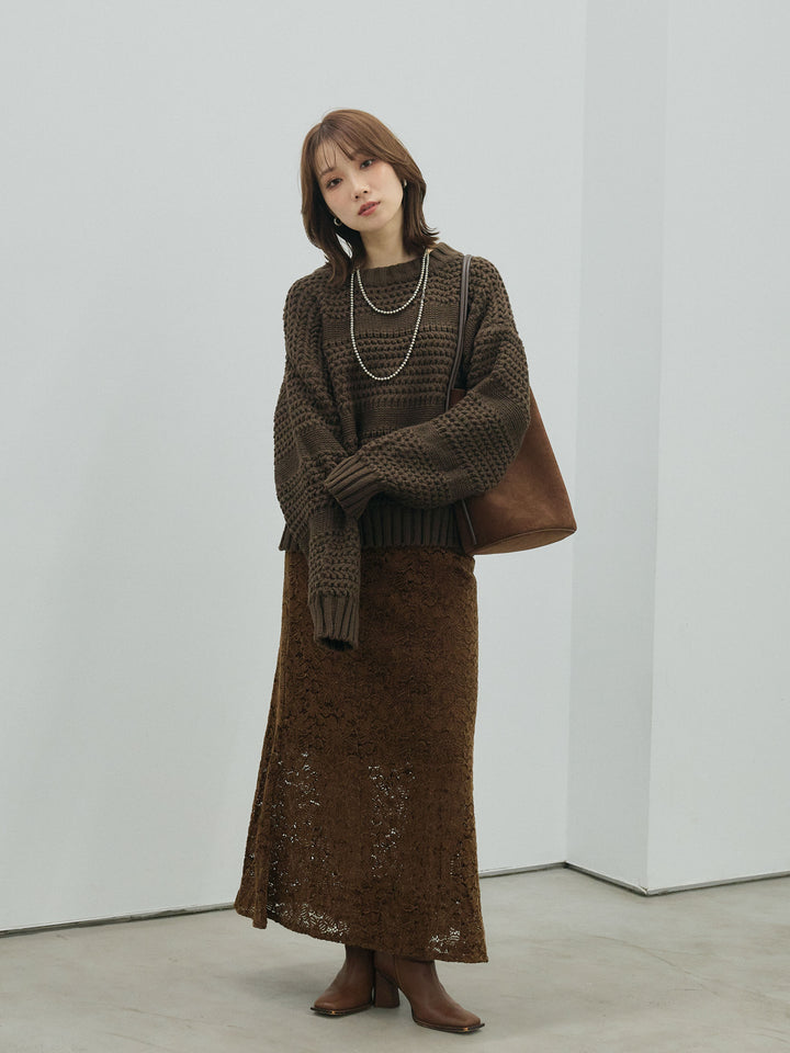 【Allure】[SET]ライン編みニットプルオーバー+起毛レースストレッチナロースカート(2set)