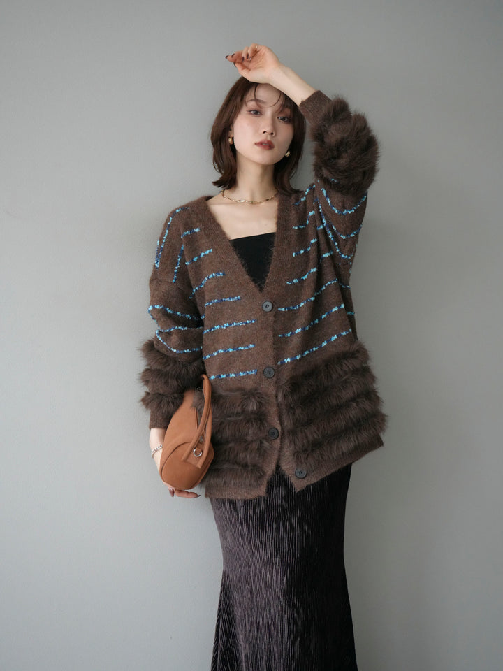 [SET]フェザーライン配色シャギーニットカーディガン+ベロアプリーツナロースカート(2set)