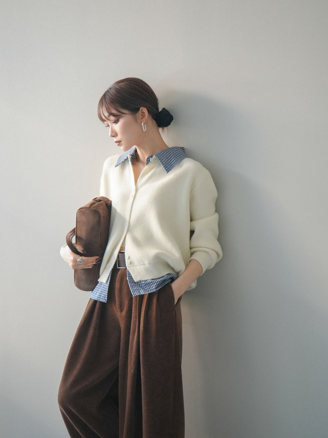 [SET]チェックシャツ襟ニットカーディガン+選べるアクセセット(2set)