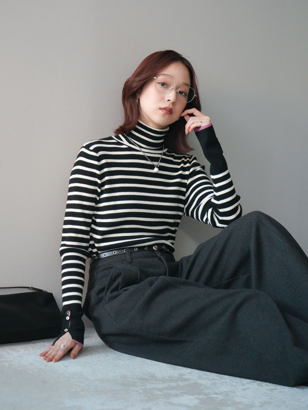 [SET]袖配色ハイネックボーダーリブニットトップス+ベルト付き裏起毛ワイドパンツ(2set)