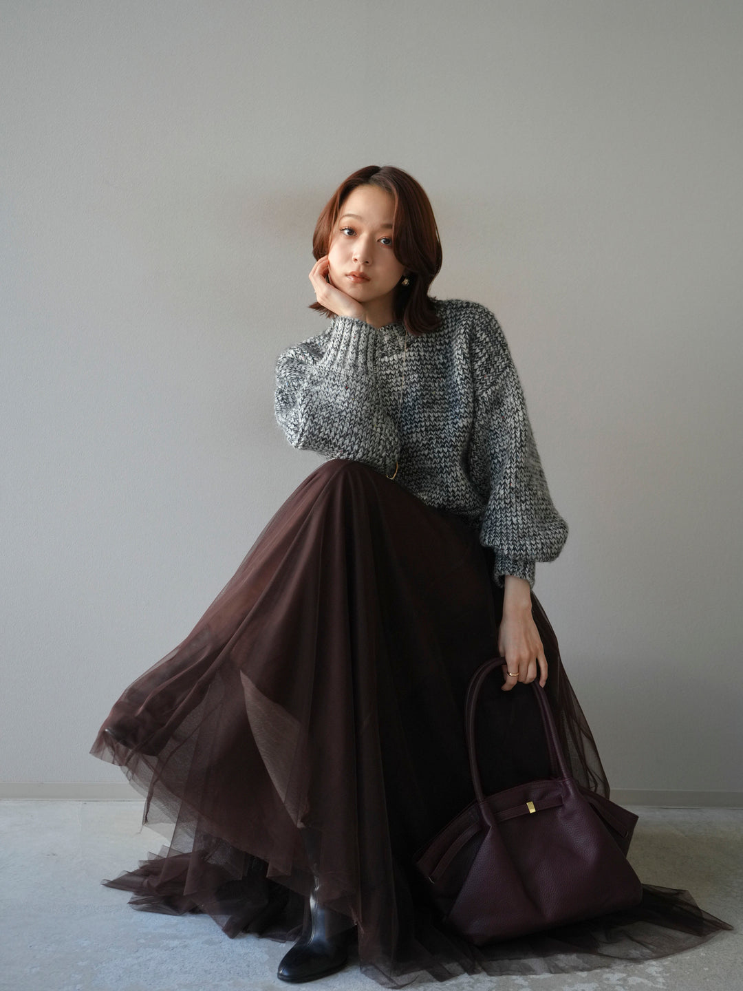 [予約]ボリュームスリーブミックスネップニットプルオーバー/gray