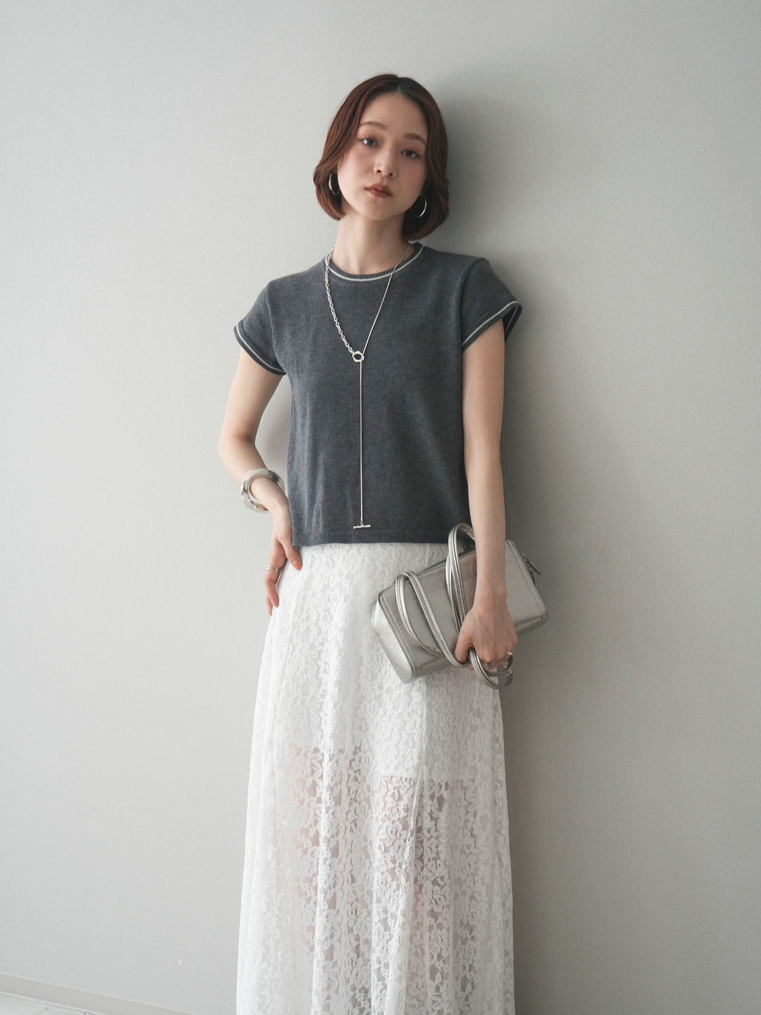 [SET]配色ハーフスリーブニットトップス+配色ハーフスリーブニットトップス(2set)