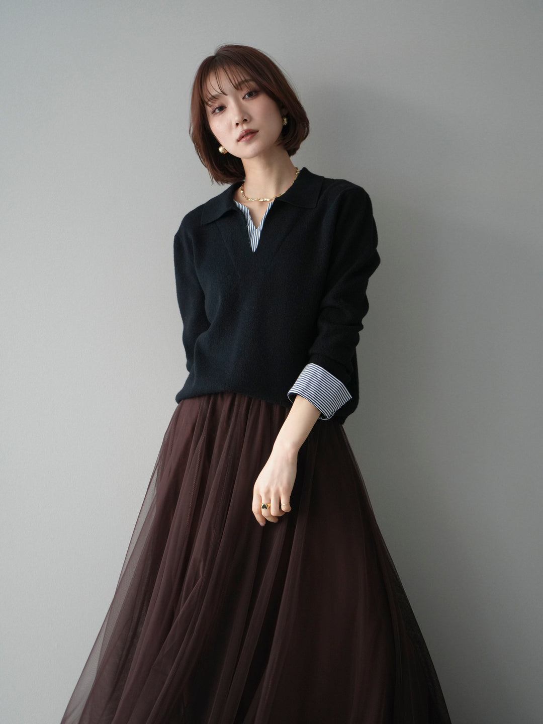 [予約]シャツレイヤードスキッパーニットプルオーバー/black