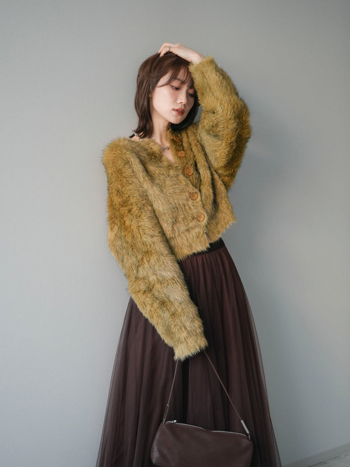 [予約]ミックスシャギーショートニットカーディガン/green