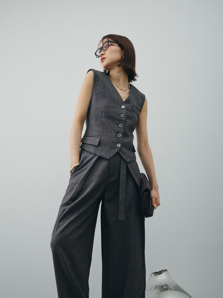 [SET]フラワーモチーフレースアップジレ＆ベルト付ワイドパンツSET UP(2set)