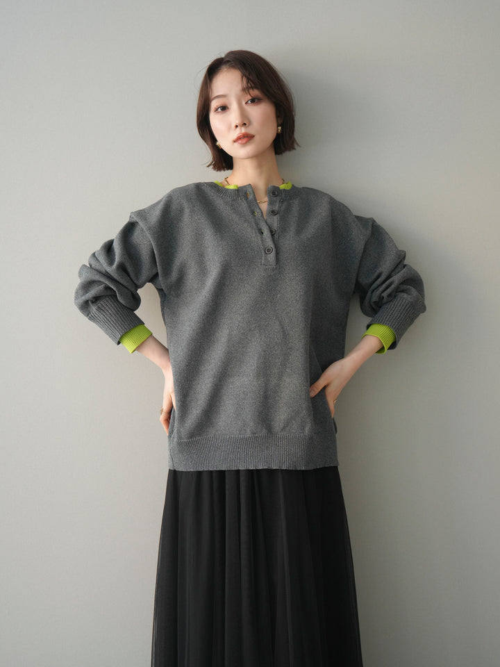 [予約]2WAYネック配色レイヤードニットプルオーバー/charcoal