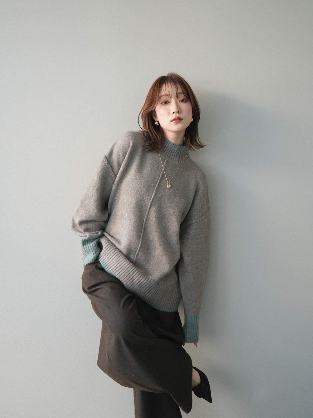 [SET]配色ハイネックニットプルオーバー+選べるアクセセット(2set)