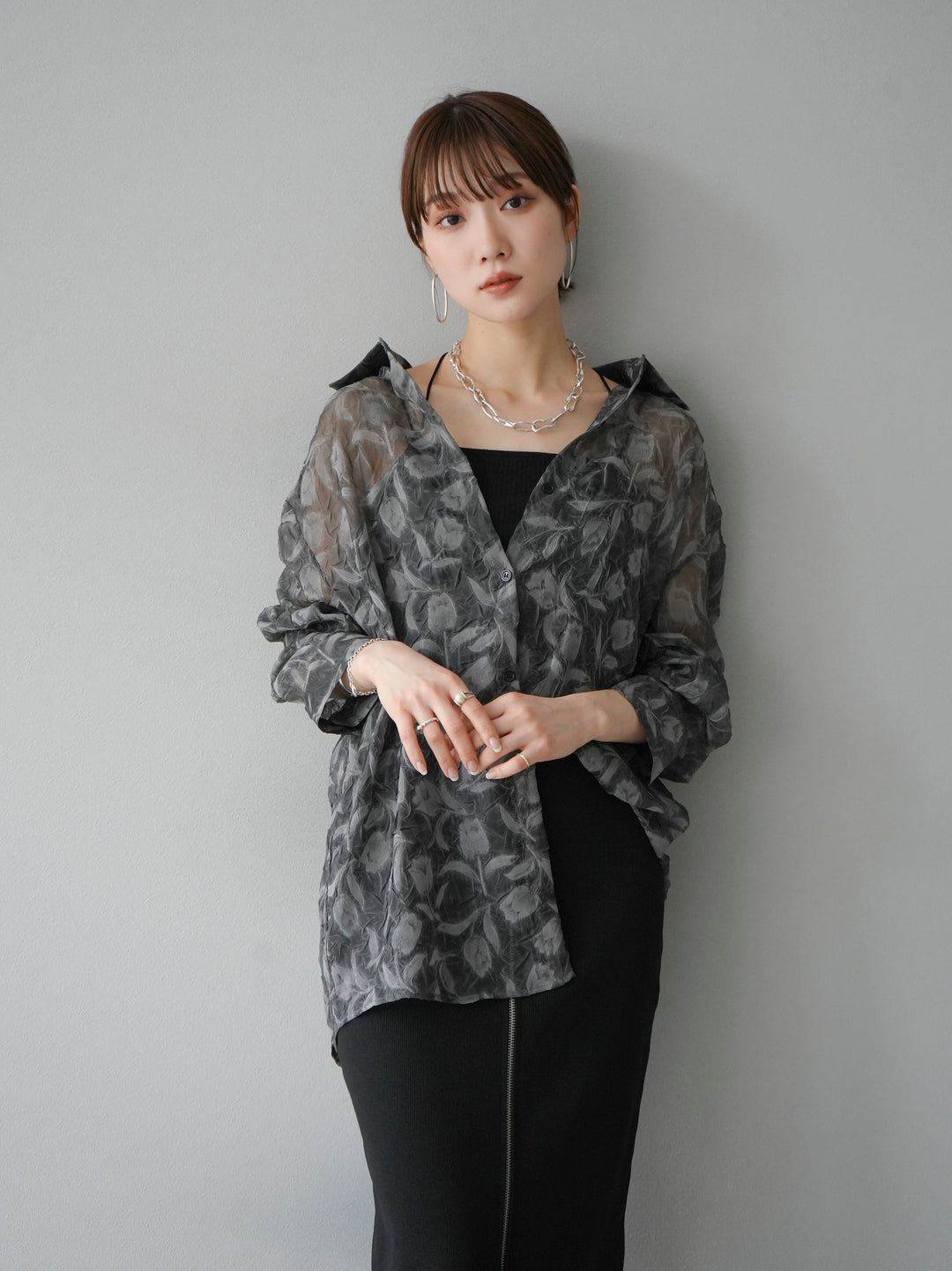 [Pre-order] Tulip Jacquard Sheer Shirt/Black