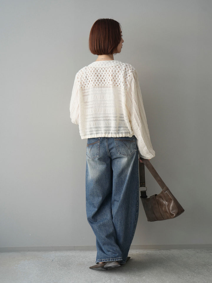 [SET]パッチワークシアーフリルブルゾン+カップ付テレコリブベアキャミソール+ダメージデニムセミワイドパンツ(3set)