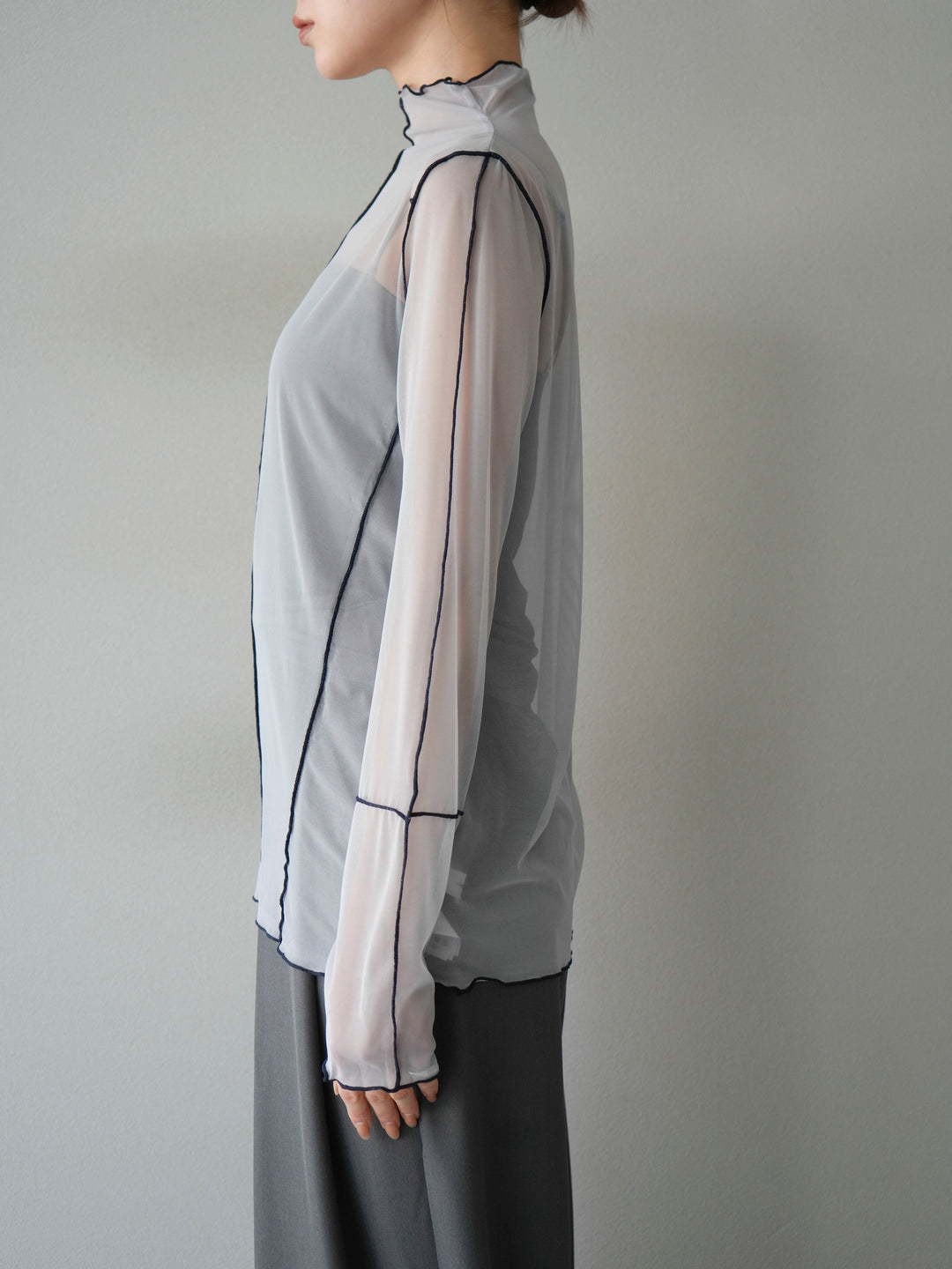 [予約]シアーパイピングカットソー/ライトグレー×ネイビー