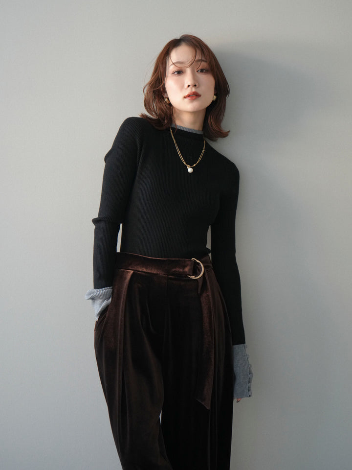 [予約]袖ボタンハイネック配色リブニットトップス/black