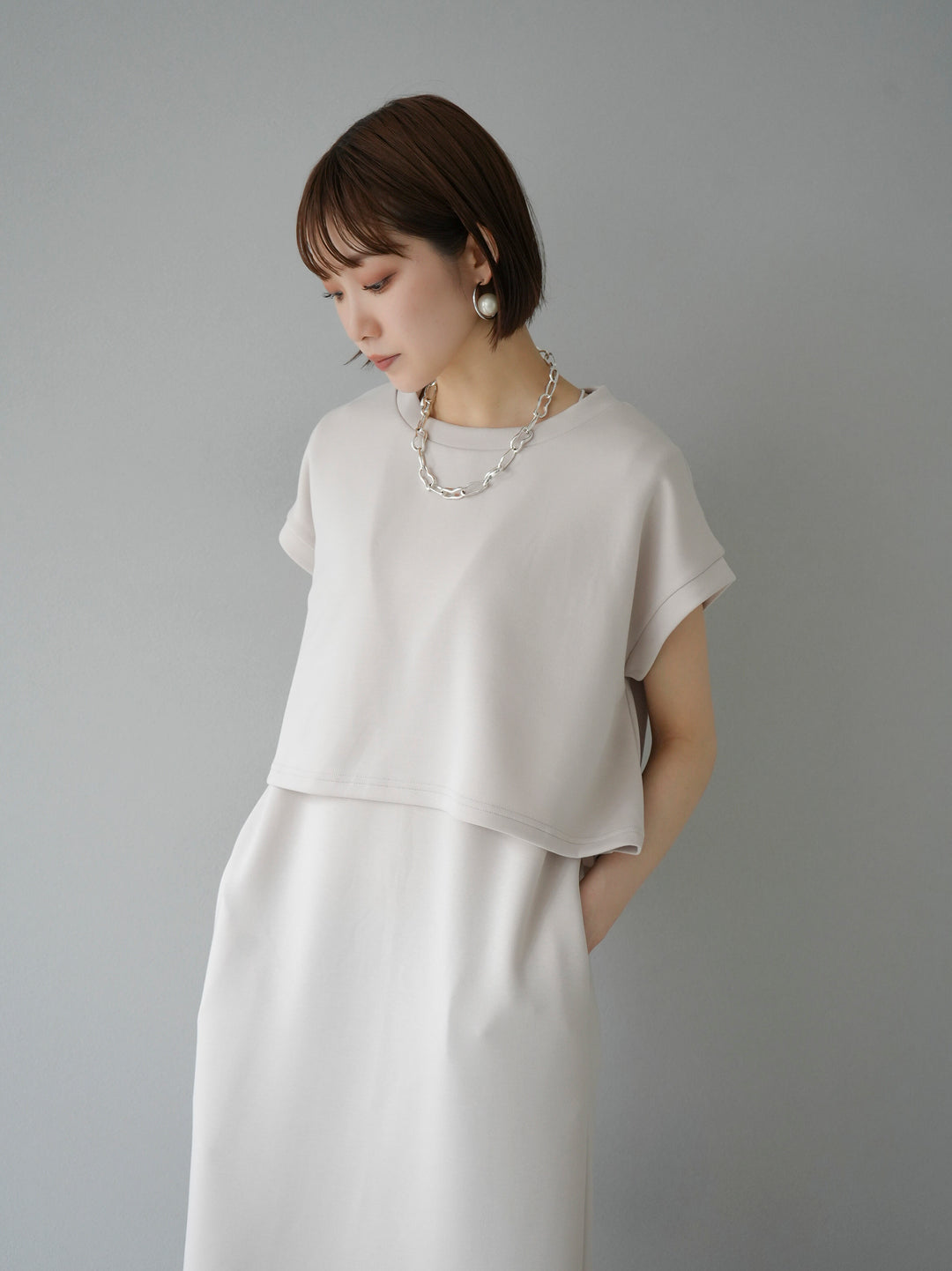 [Pre-order] Light Ponte French Sleeve Top Ensemble Dress/Ivory