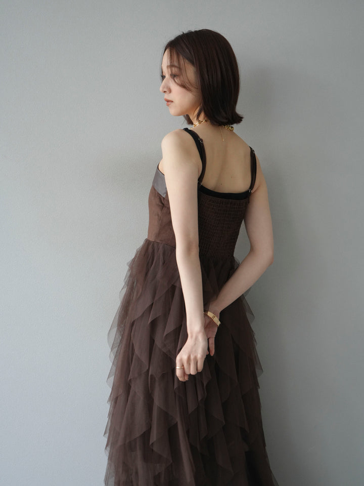 [予約]レザー切替チュールラッフルワンピース/brown