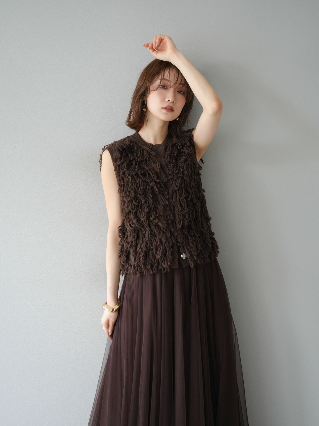 [SET] 前開衩針織背心 + 薄紗蓬鬆裙 (2 件套)