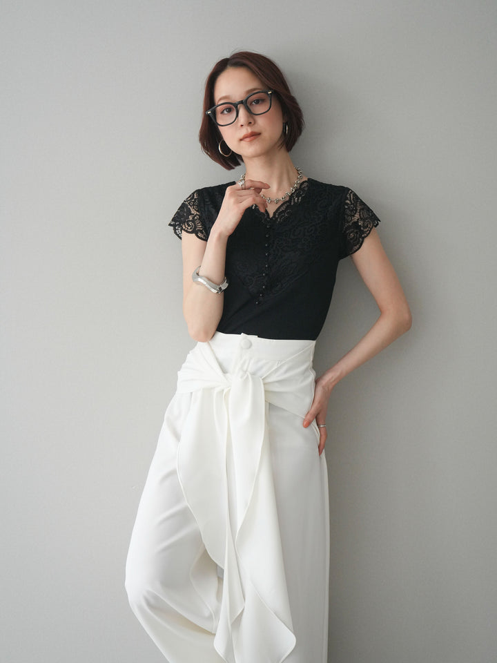 [SET]パールボタンレース切替ニットトップス+パールボタンレース切替ニットトップス(2set)