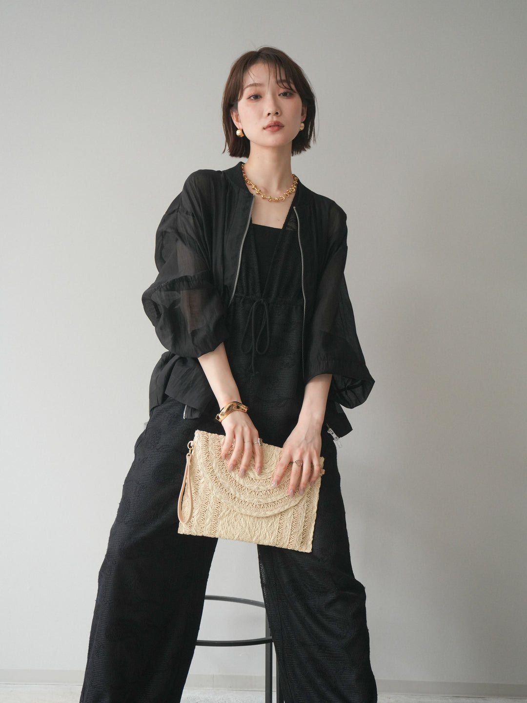 [SET]レース刺繍サロペット+ドロストシアーブルゾン(2set)