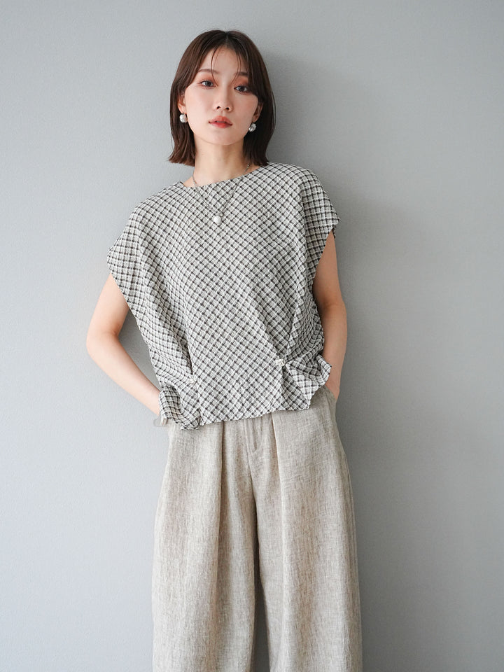 [予約]チェック柄タックデザインフレンチスリーブトップス/ブラック