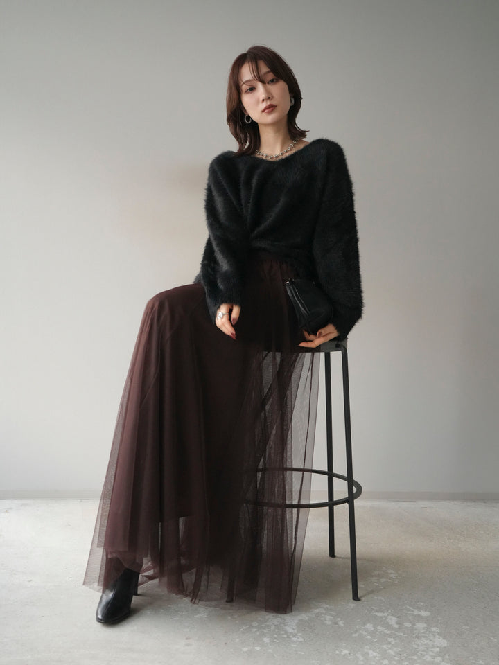 [予約]バックリボンVネックシャギーニットプルオーバー/black