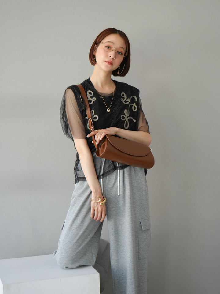 [SET]ラメチュールシャーリングプルオーバー+コード刺繍フレンチスリーブTシャツ+ウエストラインサイドポケットスウェットパンツ(3set)