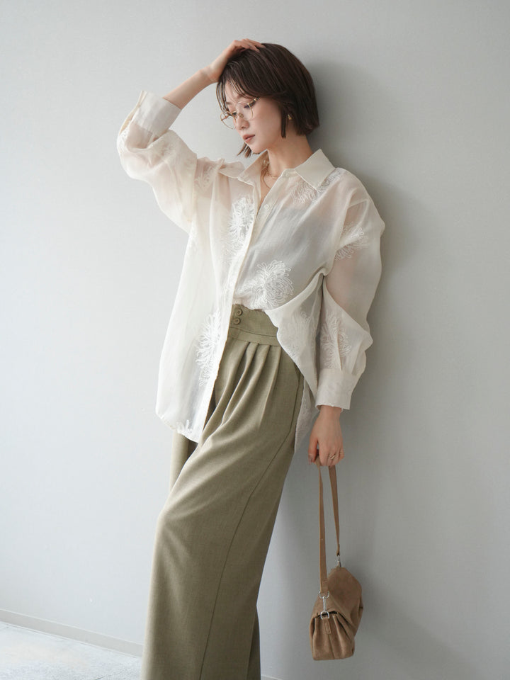 [SET]シアーエンブロイダリーシャツ+ダブルボタンドレープパンツ(2set)