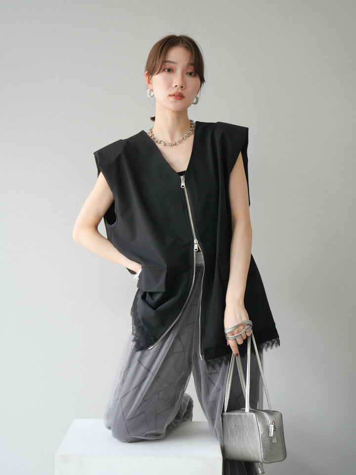 [預購] 雙拉鍊蕾絲下擺背心/黑色