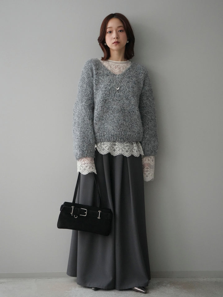 [SET]Vネックミックスヤーンニットプルオーバー+チュールレーストップス+テープベルトタックバギーパンツ(3set)