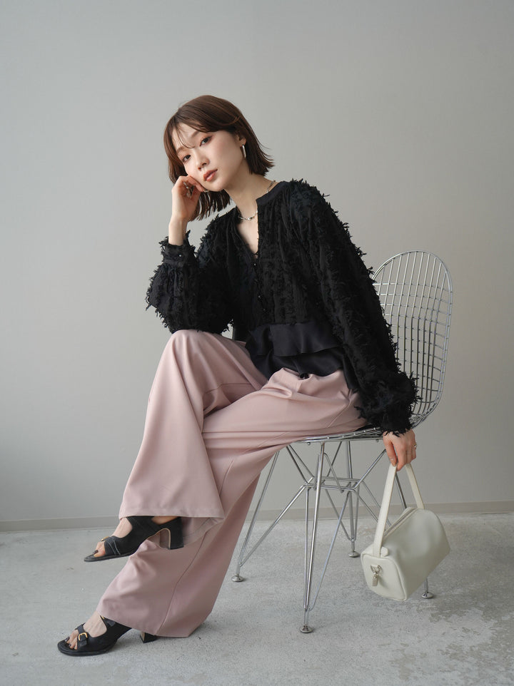 [予約]ジャガードぺプラムフリルブラウス/black