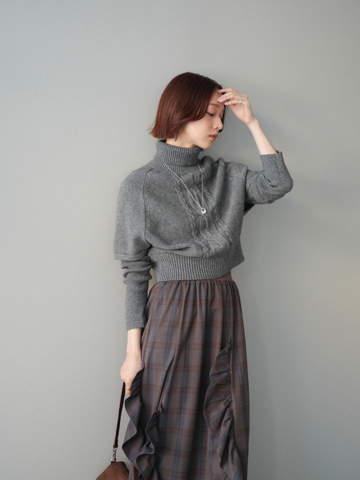 [予約]ケーブル編みタートルハーフスリーブニットアンサンブル/gray