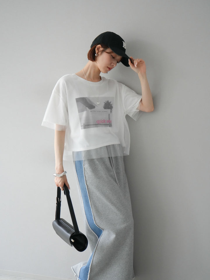 [予約]チュールドッキングフォトTシャツ/オフホワイト×ピンク