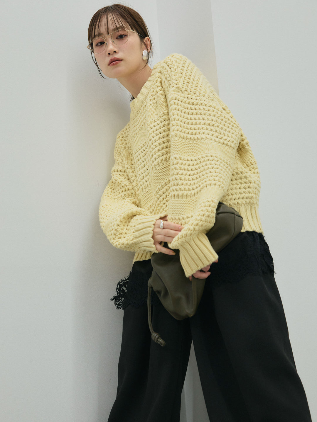 【Allure】[SET]ライン編みニットプルオーバー+ループデザインツイルワイドパンツ(2set)