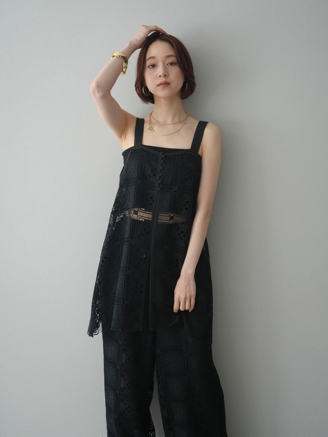 [SET]配色パネルレースキャミソール+カップ付テレコリブベアキャミソール(2set)