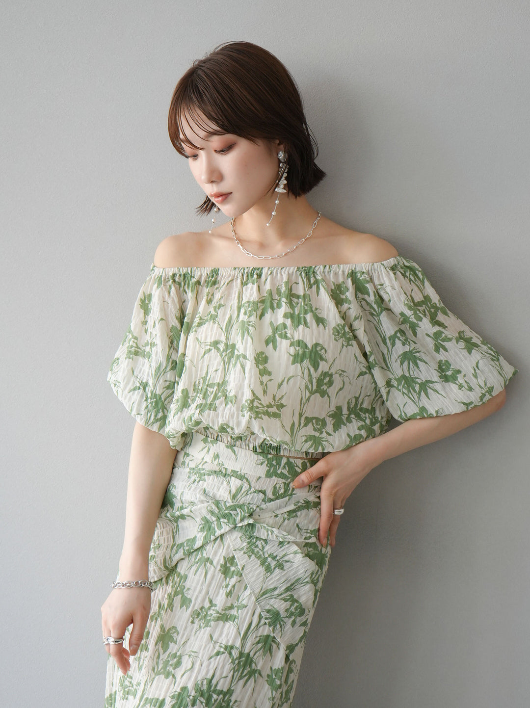 [Pre-order] Washer waist design flower pattern skirt/green