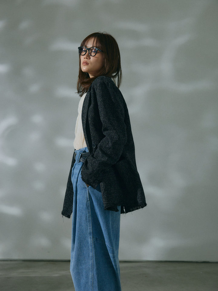 【Allure】[SET]スラブツイードフリンジテーラージャケット+ストレッチレースドレープトップス+ハイウエストベルトループデザインデニムパンツ(3set)