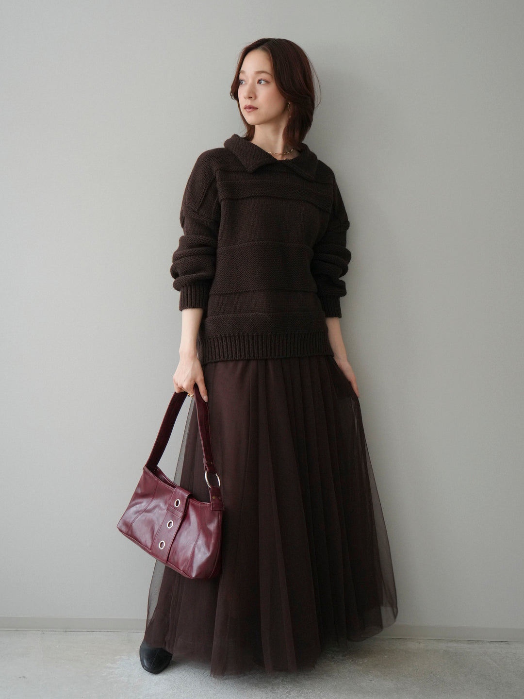 [SET]襟付きボーダー編みニットプルオーバー+チュールボリュームスカート(2set)