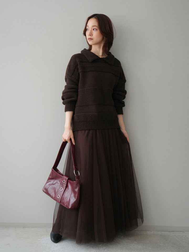 [SET]襟付きボーダー編みニットプルオーバー+チュールボリュームスカート(2set)