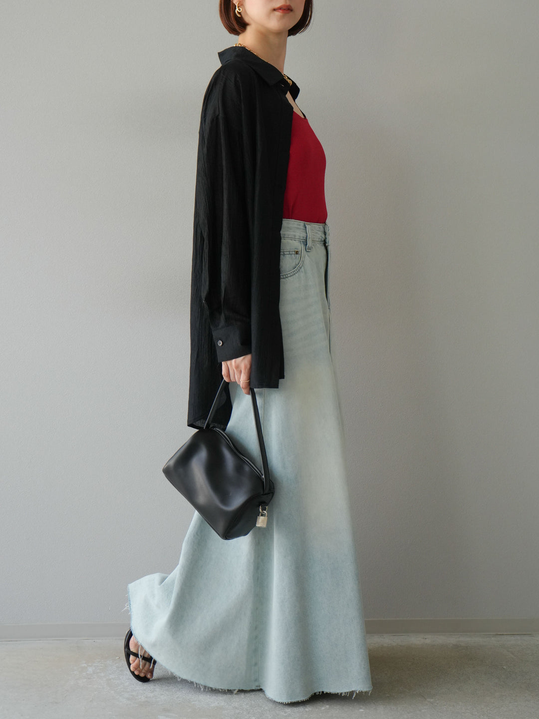 [予約]Aラインカットオフデニムスカート/ライトブルー