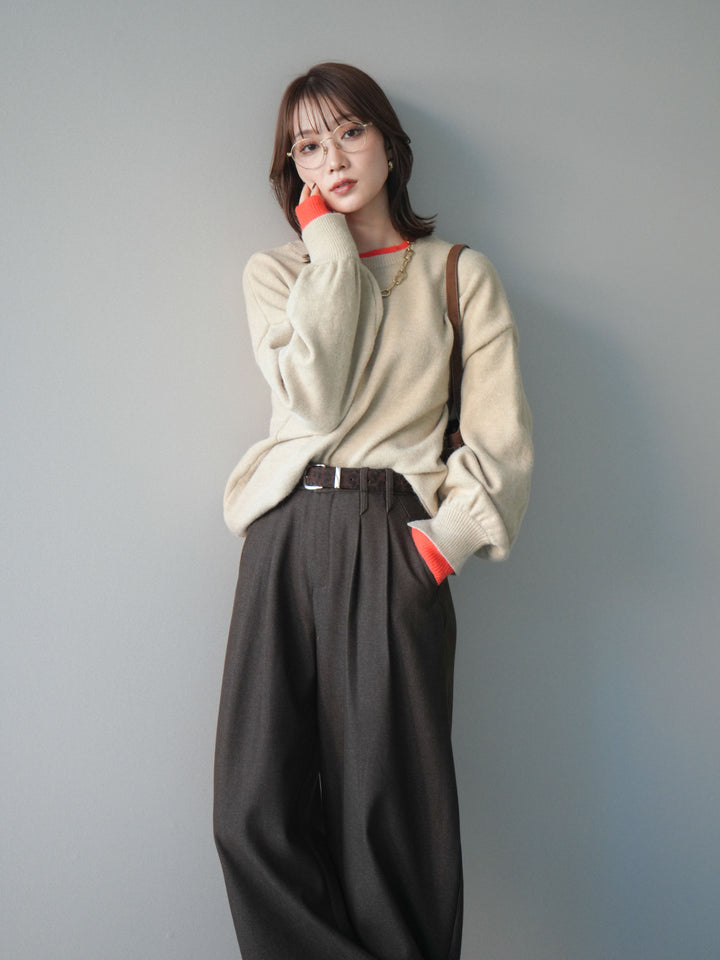 [予約]ヘンリーネック配色レイヤードニットプルオーバー/beige